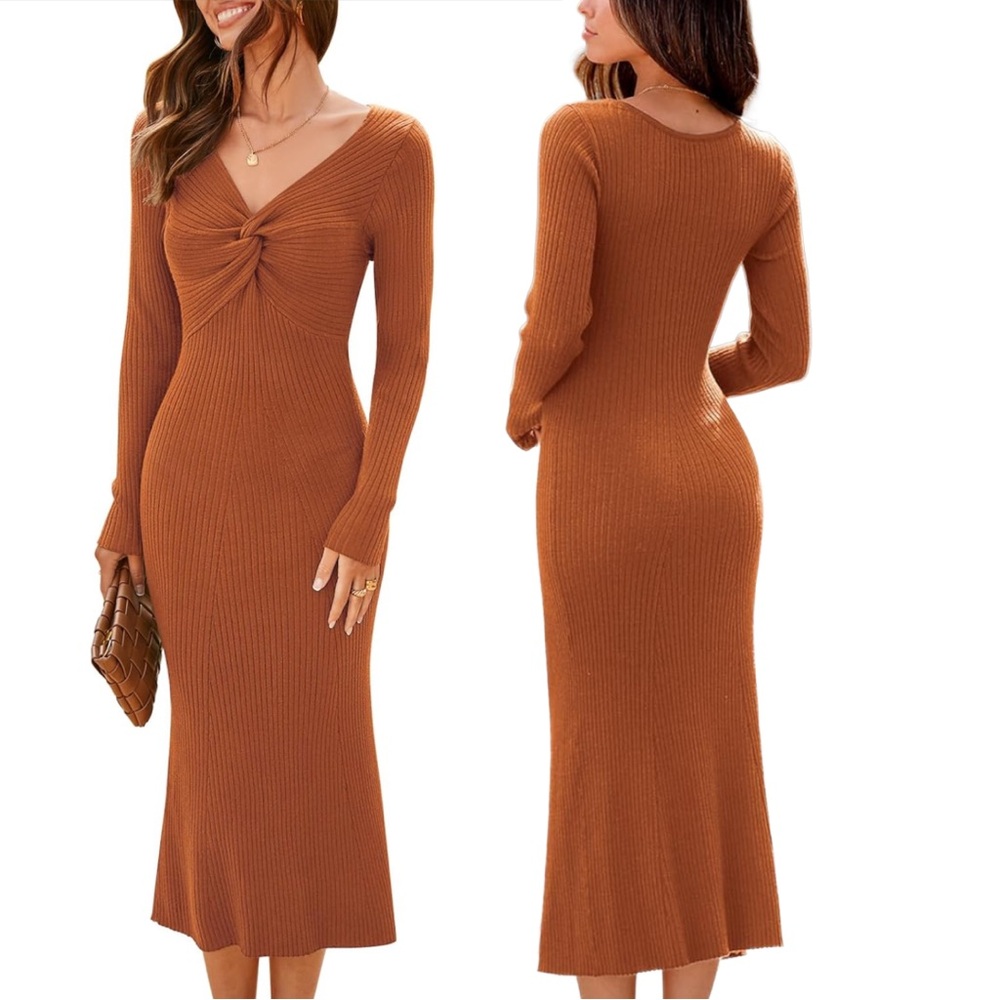 MIHOLL Sweater Long Sleeve V Neck Ribbed Knit Bodycon Midi Dress - Size Medium